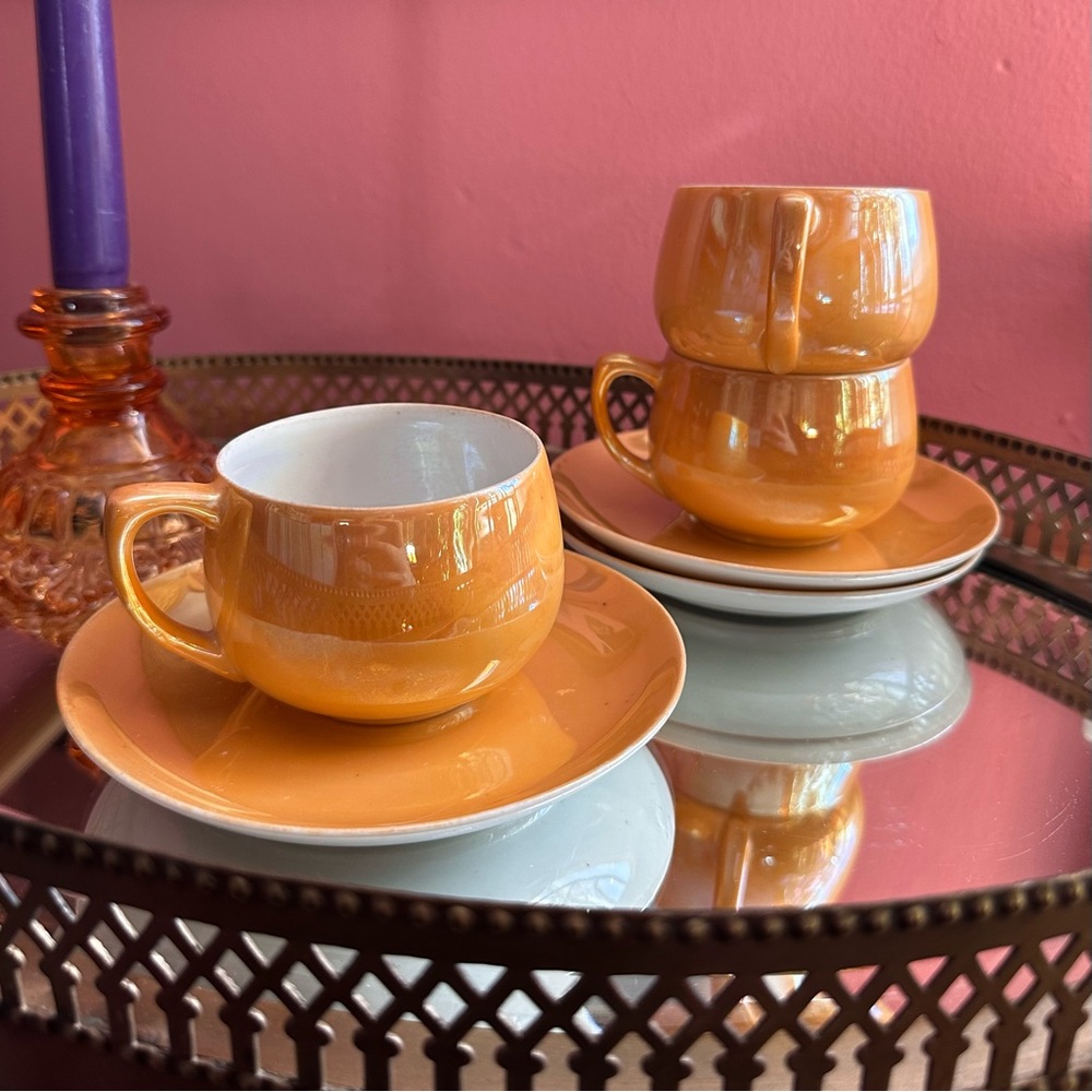 Set of 3 1930's Chikaramachi Japan Persimmon Orange Lusterware Tea Set